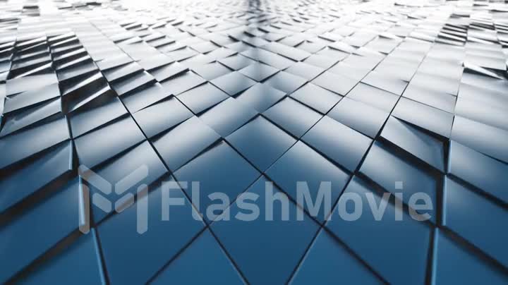 Abstract modern background from cubes. Blue rotating diagonal squares. Ultra-wide camera angle. 3d animation of seamless loop.