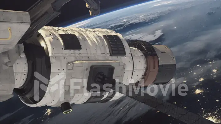 Space travel concept. Shuttle. Close-up view of a spaceship. Flight of the ISS over the atmosphere. Universe