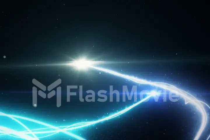 Two blue light streak breaks out on a black background with smoke and light particles 3d illustration