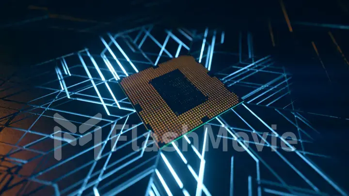 A computer processor with millions of connections and signals. Technology cpu background. Pulses and signals from the chip propagate through the motherboard. 3d illustration