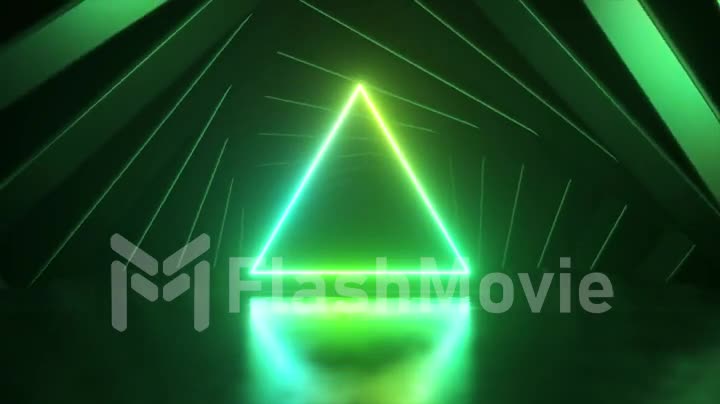 Neon green triangle on stage. Dark blue square frames rotate in the background to form a tunnel. 3d animation