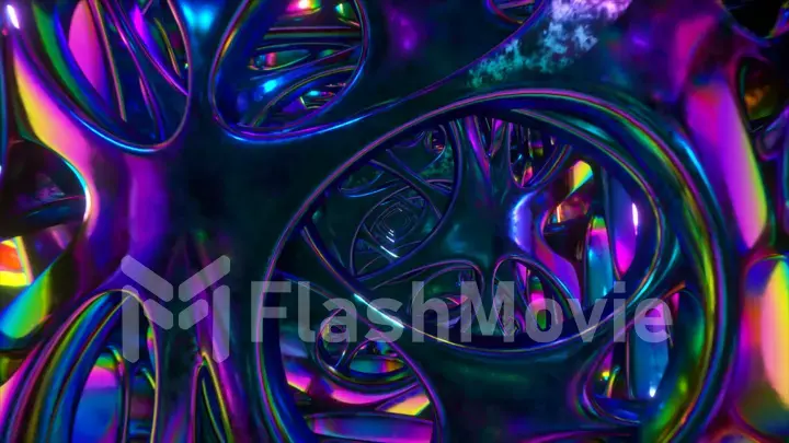 Flying through an abstract alien structure illuminated by neon lights. Modern ultraviolet lighting. 3D illustration