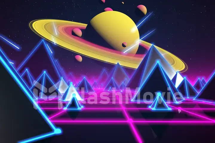 Retro futuristic flight over grid,3d illustration background 80s retro fantasy