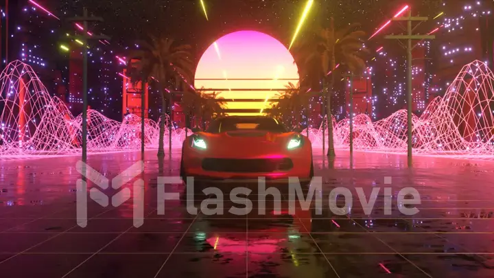 Car and city in neon style. 80s retro wave background 3d illustration. Retro futuristic car drive through neon city.