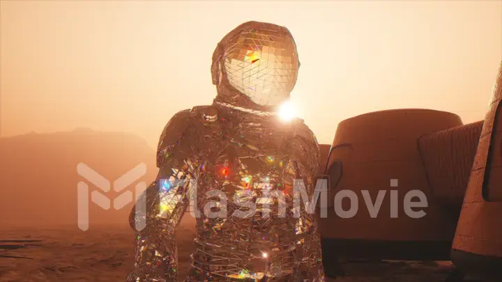 Cosmos concept. A diamond astronaut walks across against the backdrop of a space base. 3d Illustration