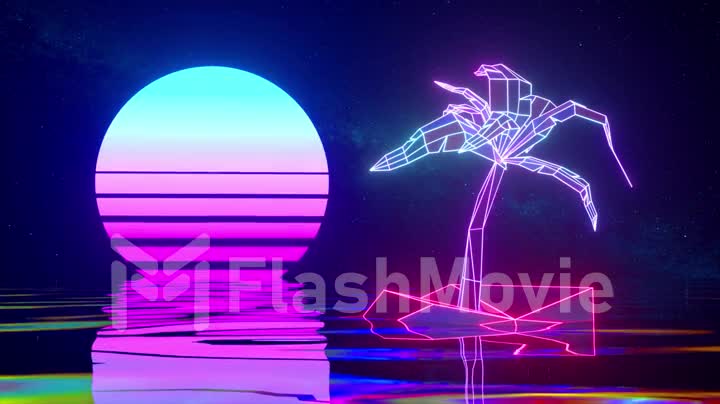 Neon palm tree on a retro background. Water surface. Blue pink color. 3d animation of seamless loop