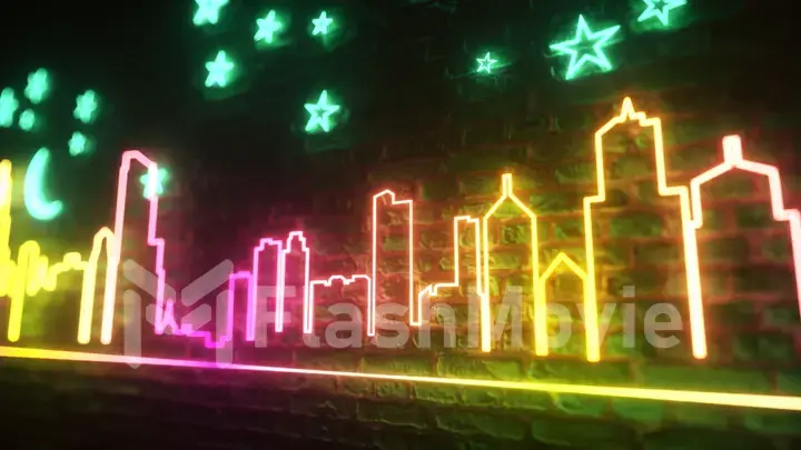 Shimmering neon night city against a brick wall with stars and the moon. Night city concept. 3d illustration