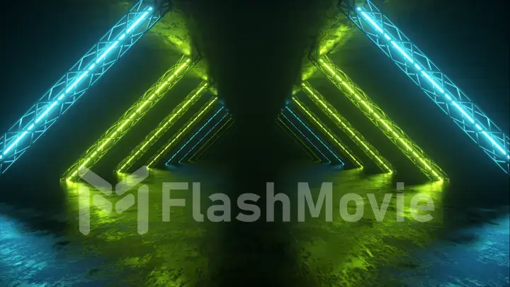 Abstract neon background flying forward through the corridor, glowing green blue lines appear. 3d illustration