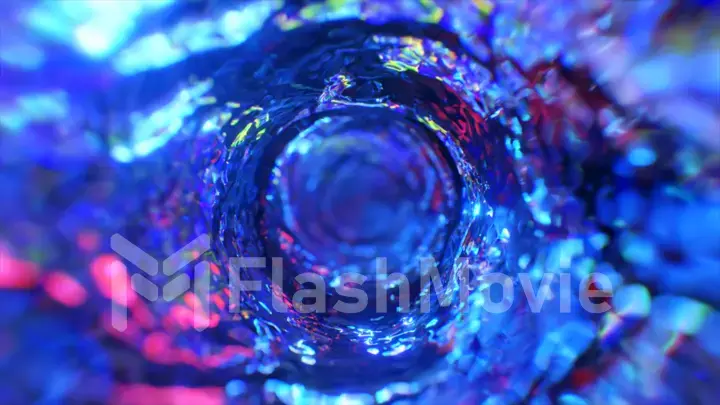 Swirling water funnel in neon lighting. Round water tunnel. Blue color. 3d illustration