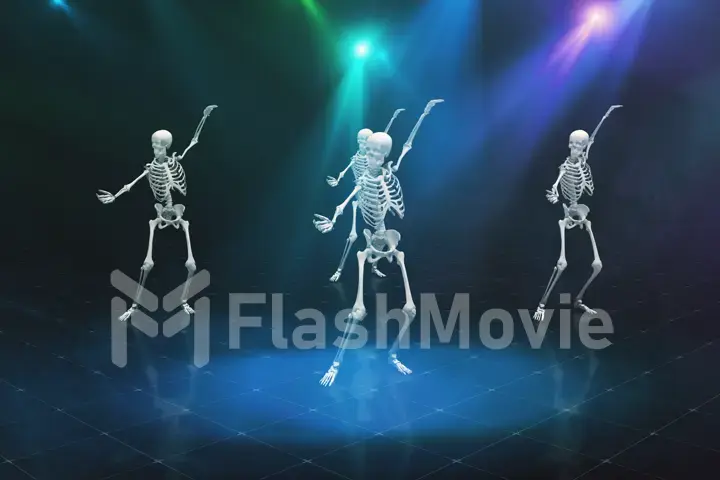 Three Dancing Skeleton in Smoke on a bright blinking scene, 3d illustration