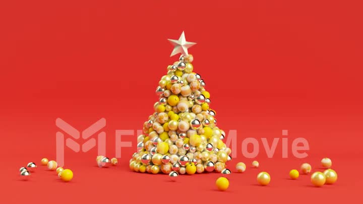 A tree of Christmas balls is growing dynamically on a bright colorful red background. 3d animation