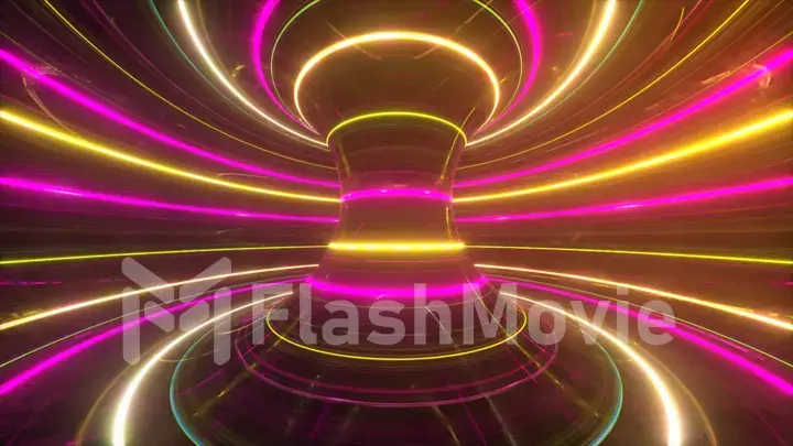 Abstract futuristic neon background with rotating glowing lines, speed of light, ultraviolet rays, twisted electromagnetic vortex. 3d illustration