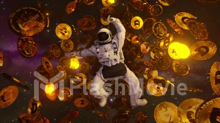Falling astronaut in outer space surrounded by flying dogecoins. Cryptocurrency concept in space. Black hole. Interstellar. 4k animation of seamless loop