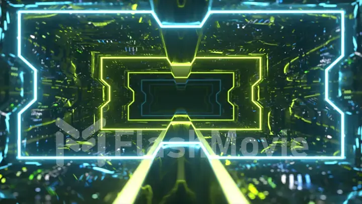 Futuristic animation of flying through a green tunnel with neon lights. 3d illustration