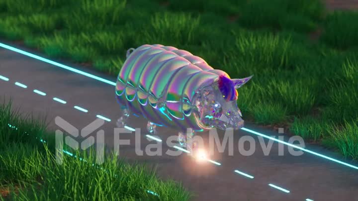 Fanny piggy in a trendy jacket and with a blue haircut walks along an asphalt path. 3d animation of seamless loop