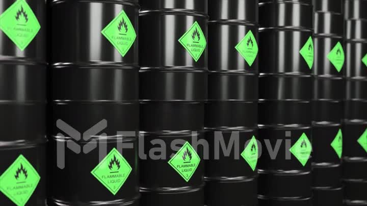A large number of barrels of flammable biological nuclear waste. Life threatening. Toxicity. 3d animation