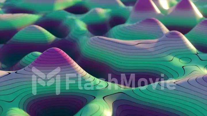 Abstract background of topographic map concept. Contour map stripes. Valleys and mountains. Geography concept. Wavy backdrop. Magic neon light curved swirl line. 3D illustration