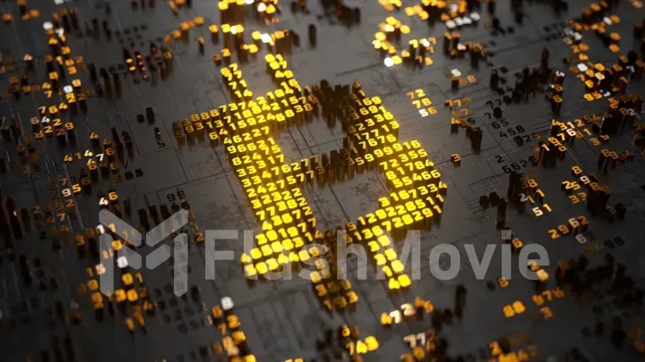 Bitcoin logo in the form of a microcircuit. Cryptocurrency transactions. Blockchain. Black gold color. 3d Illustration