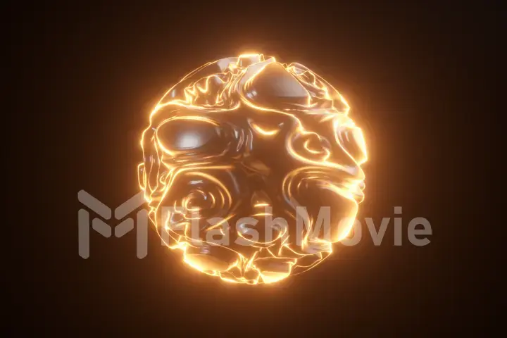Abstract luminous neon sphere. Abstract background with futuristic orange wavy ripples. 3d shape with strobing curly pattern. 3d illustration