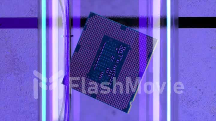 Technological concept. The microcircuit floats inside a glass bulb. AI. CPU. Purple neon color. Flashing light. Close-up