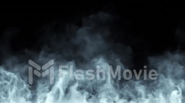 White steam spins and rises from below. White line smoke rises from a large pot, which is located behind the frame. Isolated seamless loop black background.