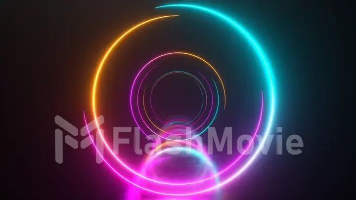 Infinity flight inside tunnel, neon light abstract background, round arcade, portal, rings, circles, virtual reality, modern light spectrum, laser show. 3d illustration