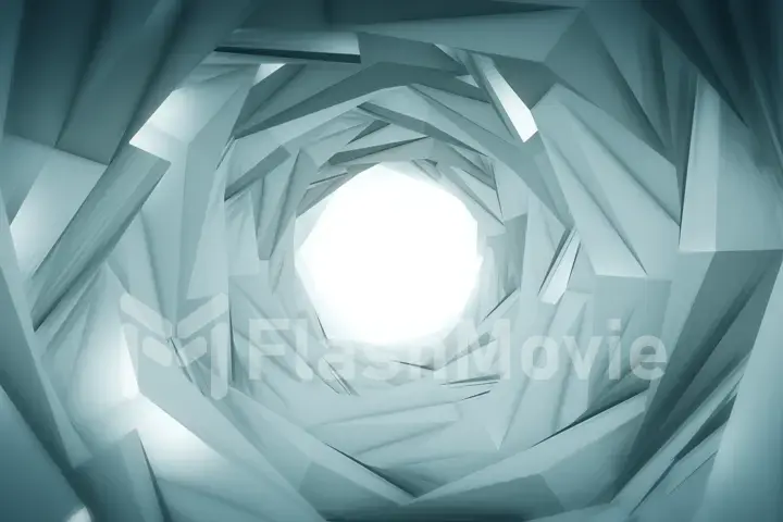 Abstract technology tunnel. Silver metal concstruciton sharp corners with reflections the camera rotates and moves forward towards the White light. Dynamic background for project 3d illustration