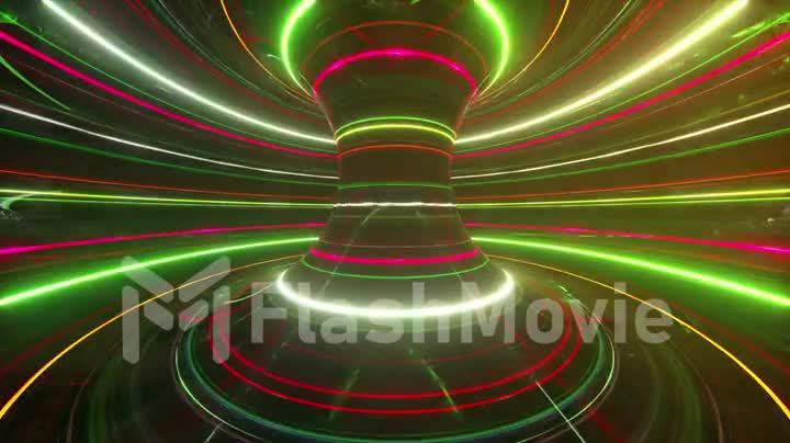 Abstract futuristic neon background with rotating glowing lines, speed of light, ultraviolet rays, twisted electromagnetic vortex.