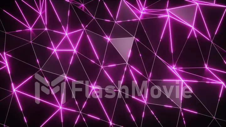 Abstract motion background. Low-poly dark waving surface with glowing pink light. 3d illustration