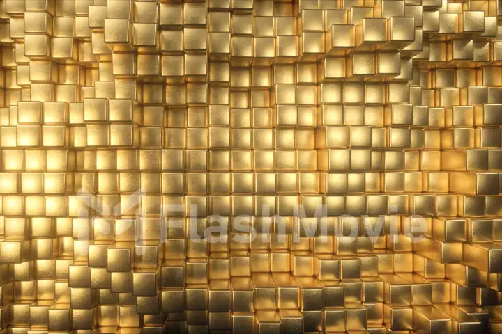 Beautiful abstract golden cubes. The golden wall of blocks is moving. 3d illustration