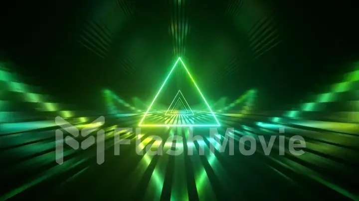 Sci-fi tunnel with neon triangles. An endless flight forward. Modern neon lighting. 3d illustration