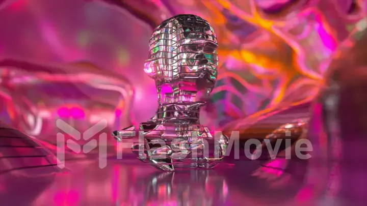 Bright pink abstract background. AI concept. Parts of the head changing matter. Plastic and diamond.