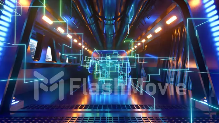 Sci-fi tunnel in outer space with neon light. Planet Earth outside the window of the spaceship. Network connections and data flow. Space technology concept. 3d illustration