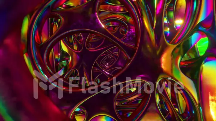 Flying through an abstract alien structure illuminated by neon lights. Modern ultraviolet lighting. 3D illustration