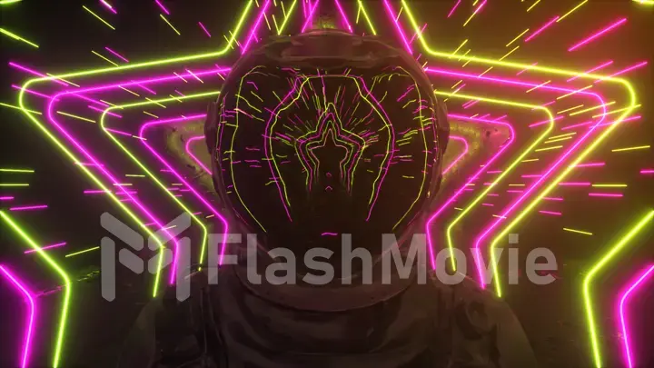 An endless neon tunnel of stars moves along the astronaut. Bright space concept. Reflections in the helmet. 3d illustration