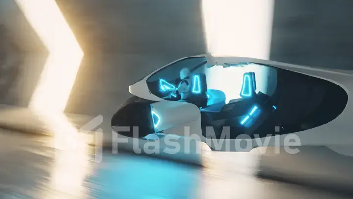 Flying a robot behind the wheel of a futuristic car in a long tunnel. Artificial intelligence and future concept. 3d illustration