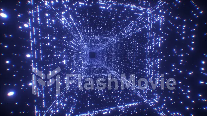 Digital technology tunnel. 3D illustration Big Data Digital square corridor with futuristic matrix. Binary code particle network. Motion and communication technology background. Flashing particles.