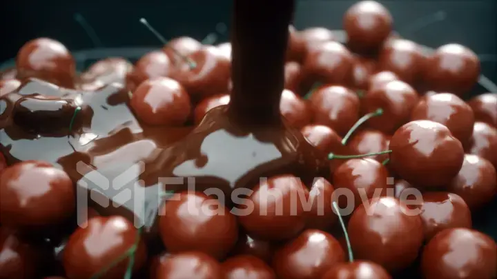 Stunning realistic of pouring liquid chocolate on cherrychocolate on cherry 3d illustration