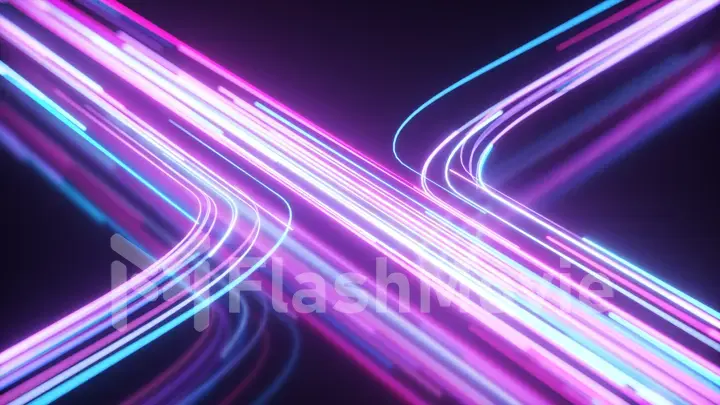 Blue and purple neon stream. High tech abstract curve background. Striped creative texture. Information transfer in a cyberspace. Rays of light in motion. 3d illustration