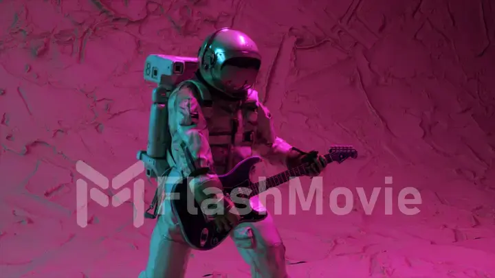 An astronaut plays the guitar in space. 3d animation of a seamless loop. Rock 'n' roll in space. Night club.