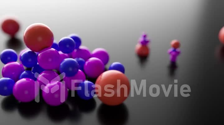 A growing pile of abstract colorful spheres and balls rolling and falling. 4k 3D render