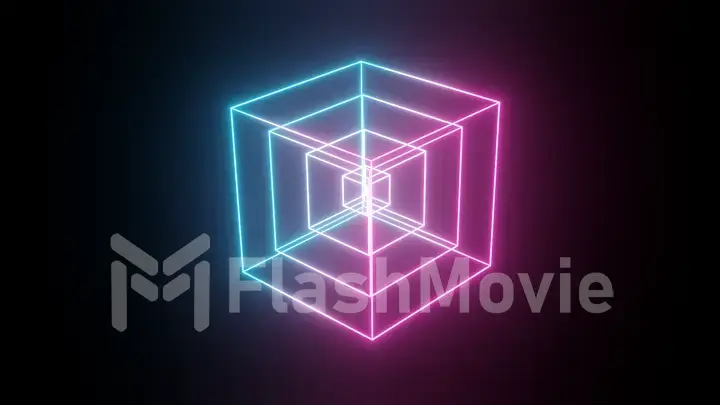 Rotating glowing neon cube, fluorescent ultraviolet light, abstract 3d illustration geometric background