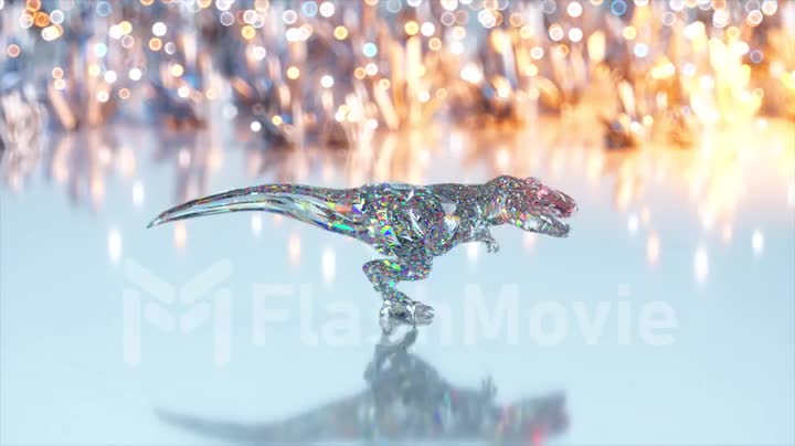 Side view of a walking diamond dinosaur. Brilliant, shining. Pink blue color. 3d animation of seamless loop