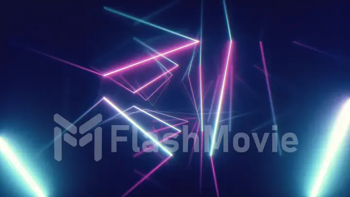 Abstract flying in futuristic corridor with triangles background, fluorescent ultraviolet light, colorful laser neon lines, geometric endless tunnel, blue pink spectrum, 3d illustration