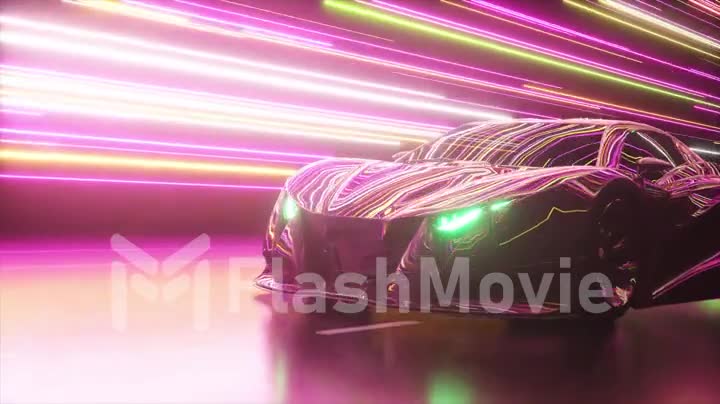 Futuristic concept. Sports car on the background of glowing neon lines. Pink green color. 3d animation of seamless loop