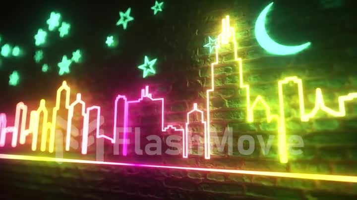 Shimmering neon night city against a brick wall with stars and the moon. Night city concept. Seamless loop 3d render