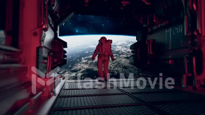 Astronaut escape on a spaceship. Opening of the gate with a view of the planet Earth. Fantastic space concept.