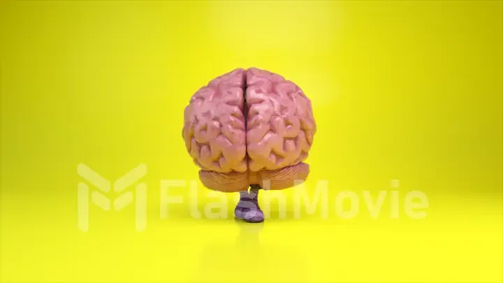 Dancing brain on a colorful yellow background. Artificial intelligence concept. 3d animation of a seamless loop
