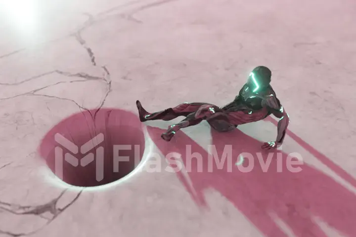 Abstract composition with an attractive black hole concept. The alien character resists the attraction of a black hole with a moving marble texture. 3d illustration