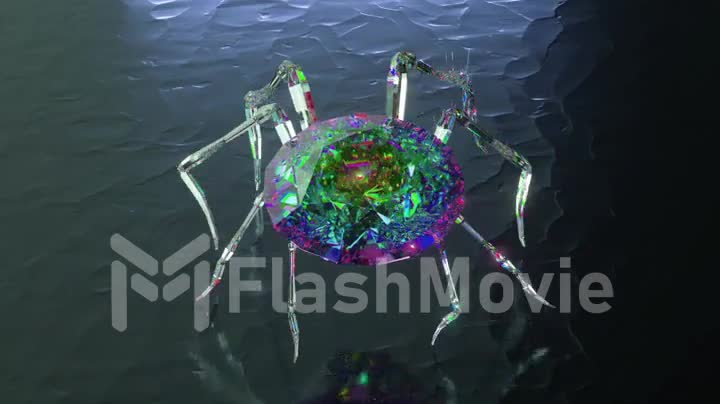 Spider with a body made of a diamond stone walks on a smooth mirror surface. Green blue color. 3d animation